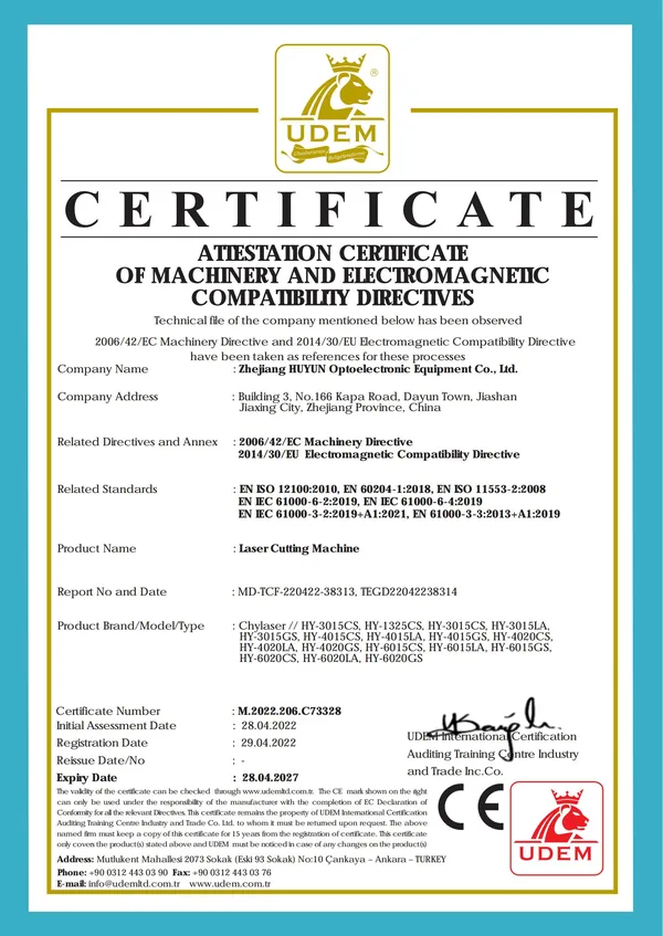 CHYLASER CE certificate — EU Machinery Directive 2006/42/EC compliance for laser cutting machines