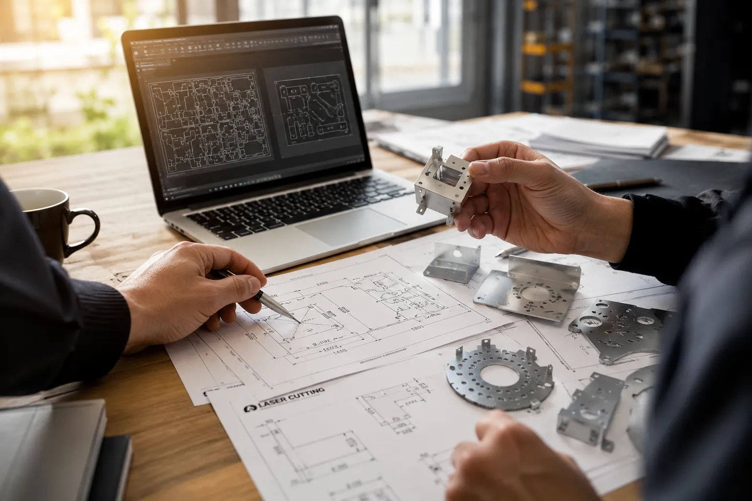 CHYLASER engineering team reviewing laser cutting blueprints with sample metal parts